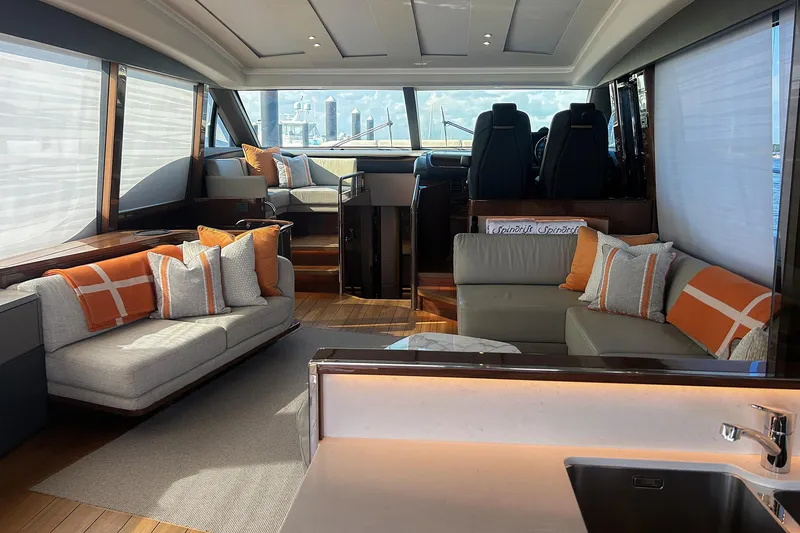 Slide: The Image of Luxurious 2020 Princess 78 yacht interior with modern seating and stylish decor. - 15