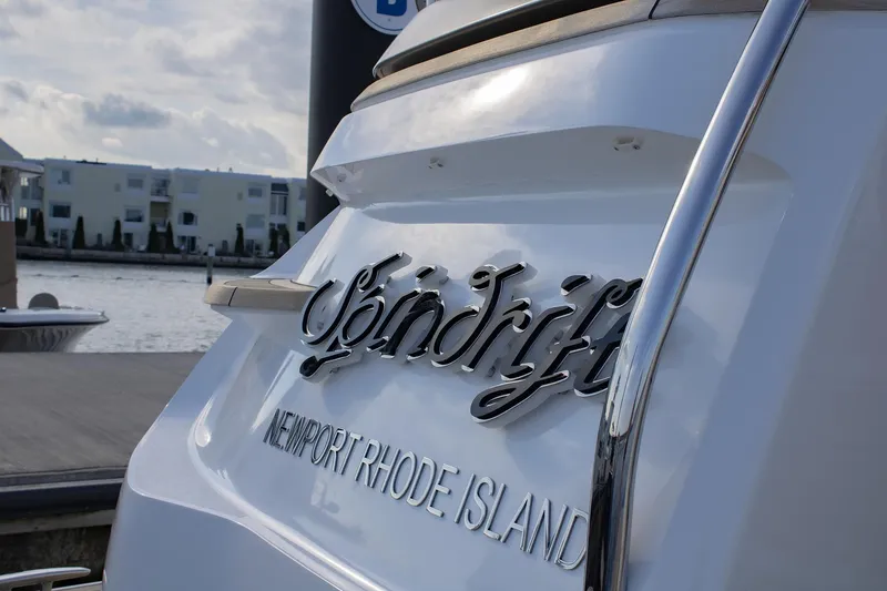 Slide: The Image of Close-up of 2020 Princess 78 yacht named Spindrift, docked in Newport, Rhode Island. - 22