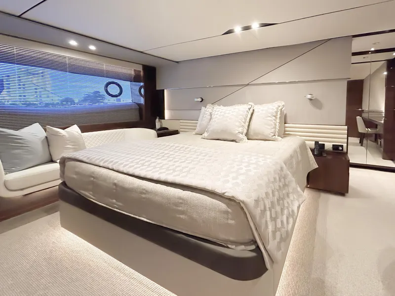 Slide: The Image of Luxurious bedroom interior on 2020 Princess 78 yacht with modern design and elegant furnishings. - 8