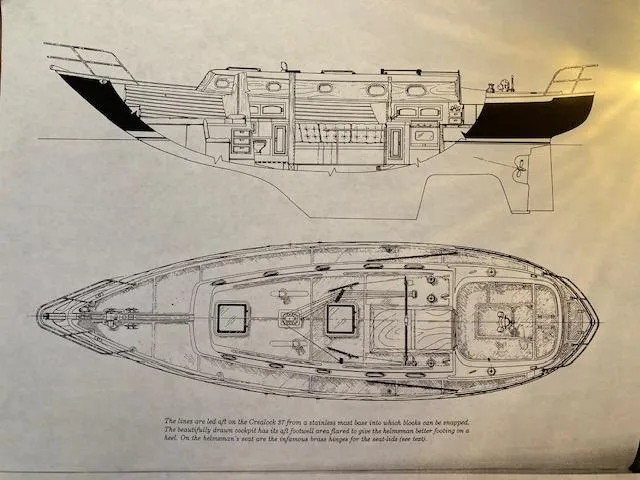 Slide: The Image of Blueprint of 1992 Pacific Seacraft 37 Cutter sailboat, showing detailed deck and side view. - 49