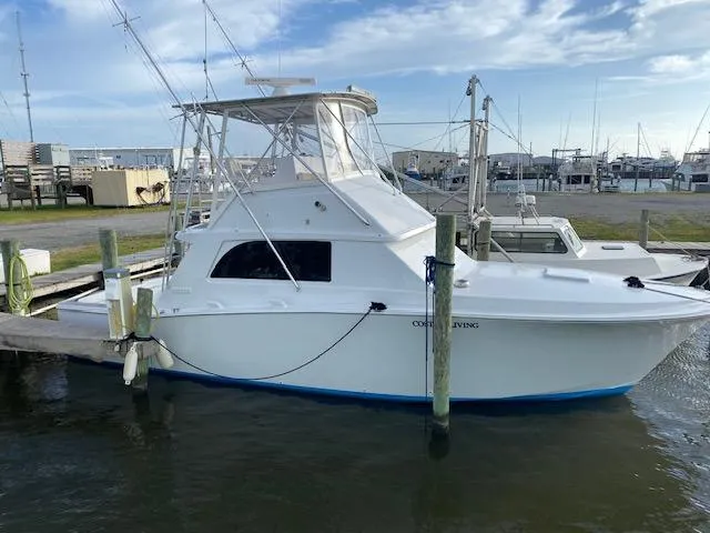 Slide: The Image of 1985 Bertram 38 Convertible boat docked at marina under blue sky. - 3