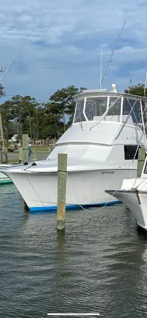 Slide: The Image of 1985 Bertram 38 Convertible boat docked in a marina. - 7