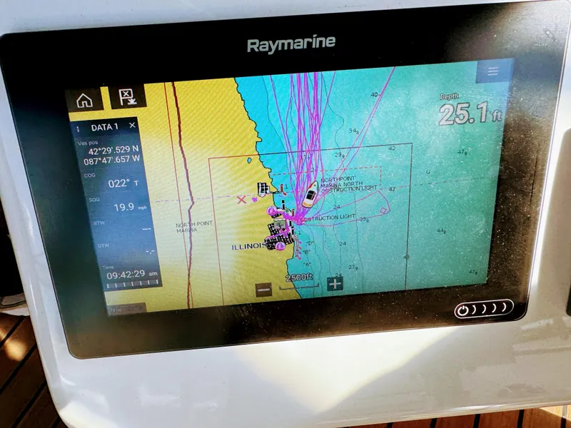 Slide: The Image of Raymarine navigation display on 2001 Sea Ray 400 Sedan Bridge, showing Illinois coastal map. - 18