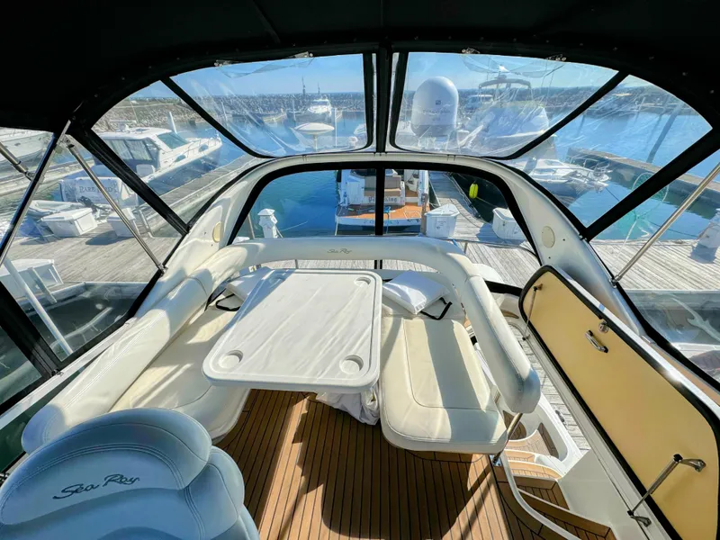 Slide: The Image of Interior view of 2001 Sea Ray 400 Sedan Bridge yacht at marina. - 9