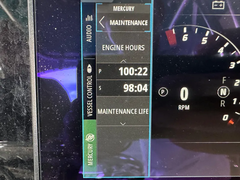 Slide: The Image of Boat engine display showing maintenance hours for Palmetto 33, 2008 model. - 38