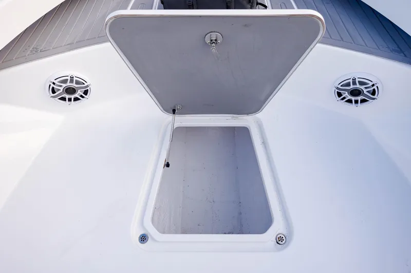 Slide: The Image of Open hatch on 2021 ZCB 26 Freemason boat deck with speakers. - 22