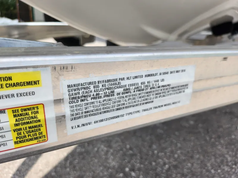 Slide: The Image of Close-up of a 2016 Sea-Doo RXT-X aS 260 trailer label with specifications. - 14