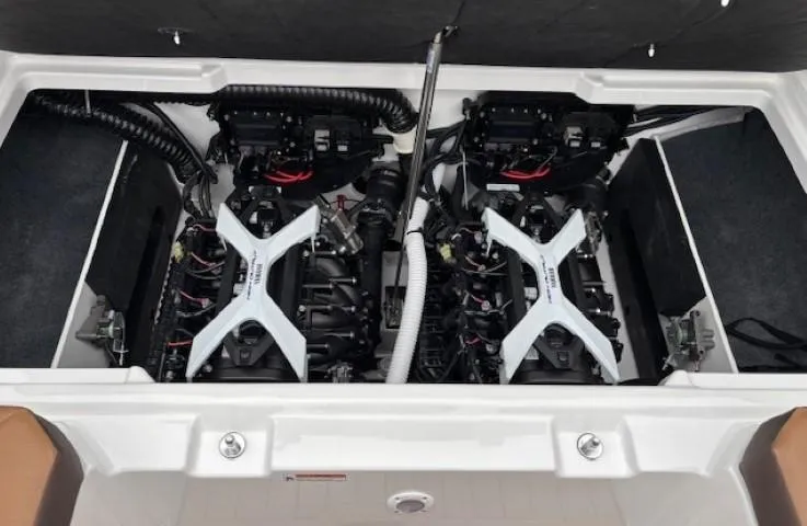 Slide: The Image of 2025 Yamaha Boats 222S engine compartment showcasing dual engines and advanced mechanics. - 15