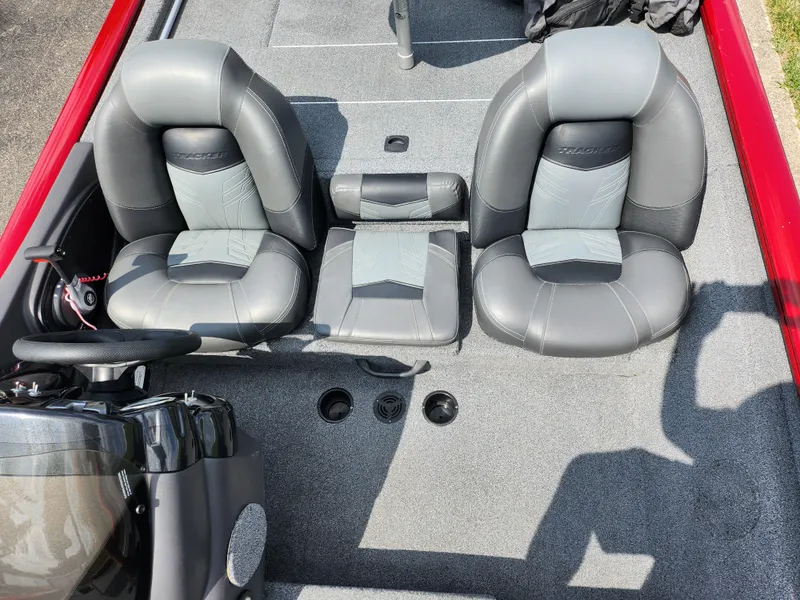 Slide: The Image of 2020 Tracker Pro Team 175 TXW boat interior with gray seating. - 18