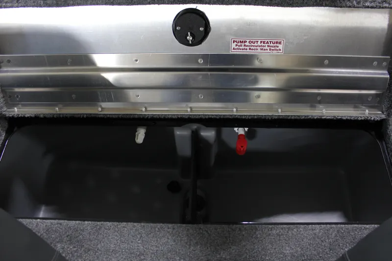 Slide: The Image of 2025 Tracker Pro Team 175 livewell with pump-out feature, showcasing interior details. - 16