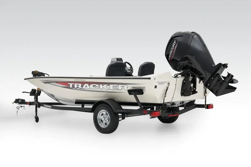 Slide: The Image of 2025 Tracker Pro Team 175 boat with trailer and outboard motor. - 2
