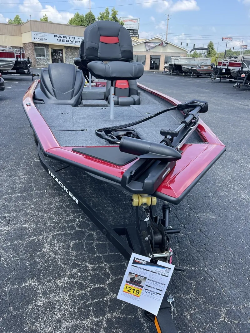 Slide: The Image of 2025 Tracker Pro Team 175 boat, red and gray, displayed outdoors at dealership. - 2