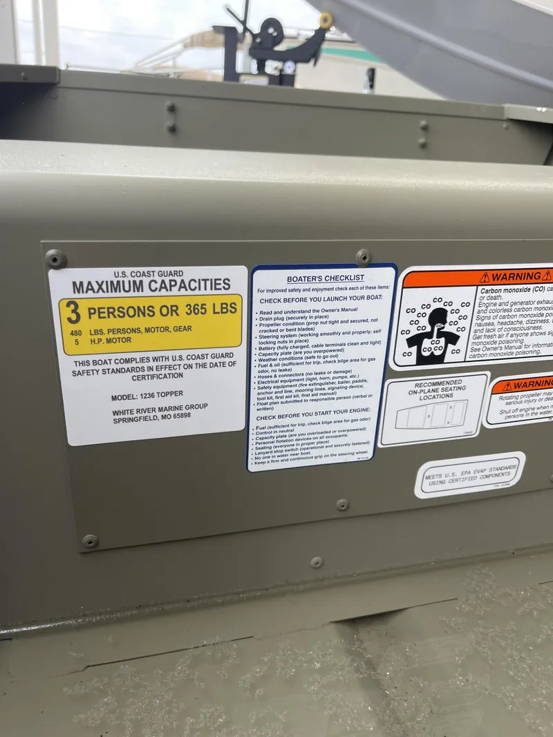 Slide: The Image of Capacity label on 2025 Tracker Grizzly 1236 Utility boat, showing safety and weight limits. - 4