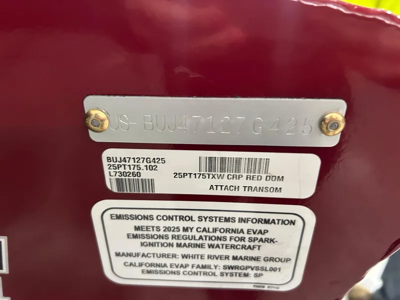 Slide: The Image of 2025 Tracker Pro Team 175 emissions control information and serial number plate. - 13