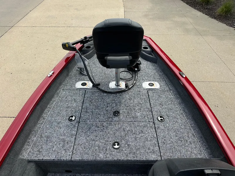 Slide: The Image of 2025 Tracker Pro Team 175 Crappie Edition boat with red trim and fishing seat. - 3