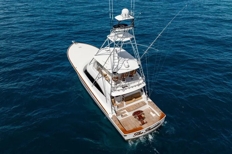 Slide: The Image of Aerial view of 2015 Viking 76 Convertible yacht on open sea. - 3