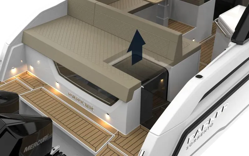Slide: The Image of 2024 Skamander Sorrento boat interior with beige seating and wooden deck. - 37