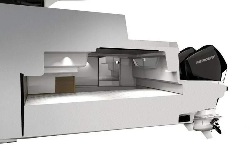 Slide: The Image of 2024 Skamander Sorrento boat interior with Mercury engine, showcasing modern design and spacious layout. - 49