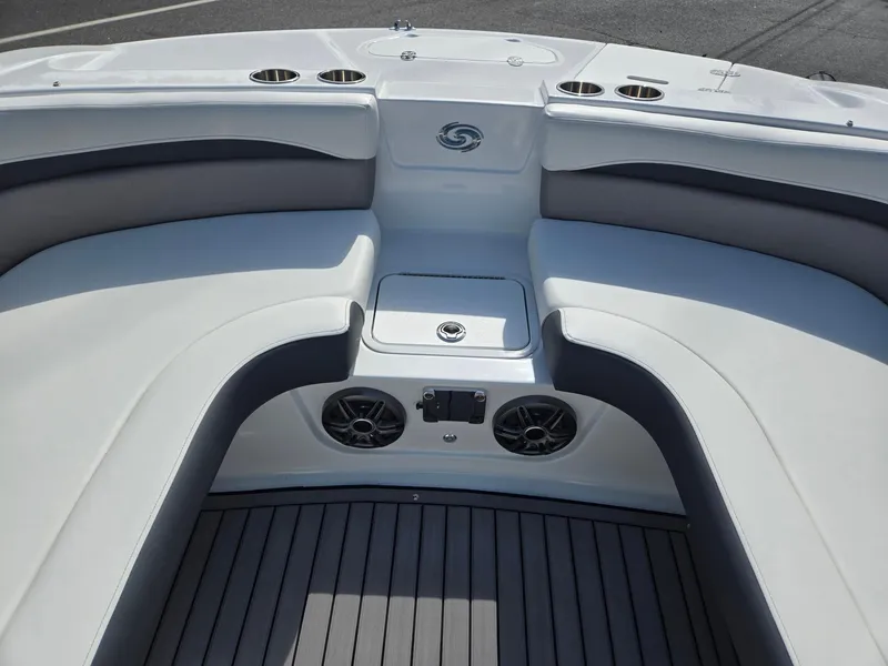 Slide: The Image of Interior of 2025 Hurricane SunDeck Sport 192 RL OB boat with seating and speakers. - 8