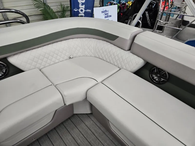 Slide: The Image of Luxurious seating on 2025 Godfrey Sweetwater 2086 C pontoon boat, featuring quilted upholstery. - 22