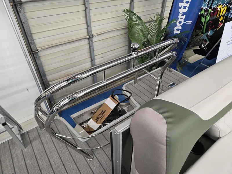 Slide: The Image of Godfrey Sweetwater 2086 C boat interior, 2025 model, featuring sleek railing and seating. - 24