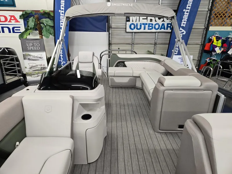 Slide: The Image of 2025 Godfrey Sweetwater 2086 C pontoon boat interior with spacious seating and modern design. - 8