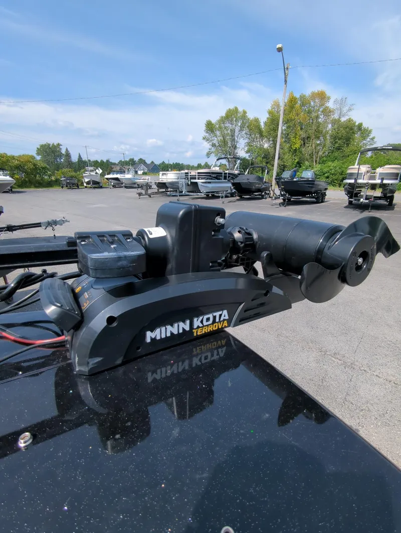 Slide: The Image of Minn Kota Terrova trolling motor on 2023 Ranger 2080MS boat, outdoor setting. - 13