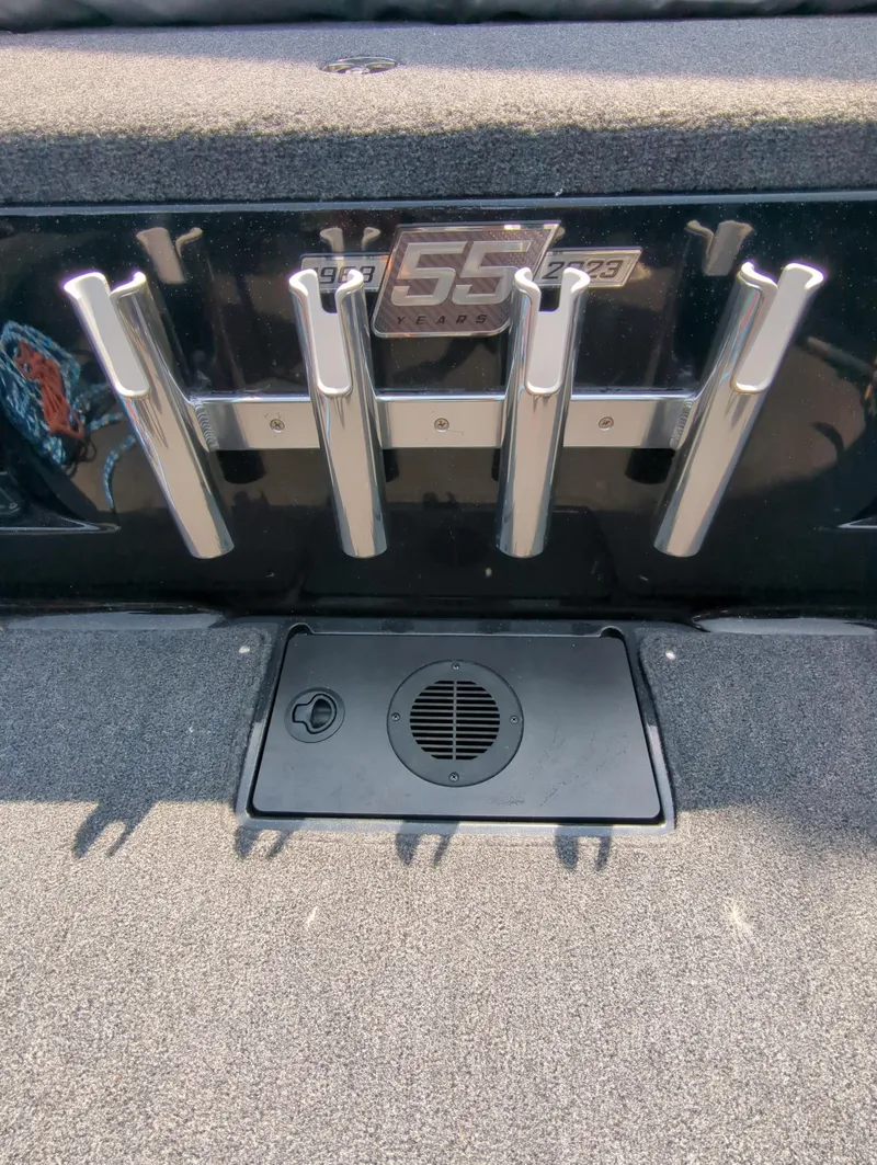 Slide: The Image of Ranger 2080MS 2023 boat rod holders and storage compartment. - 8