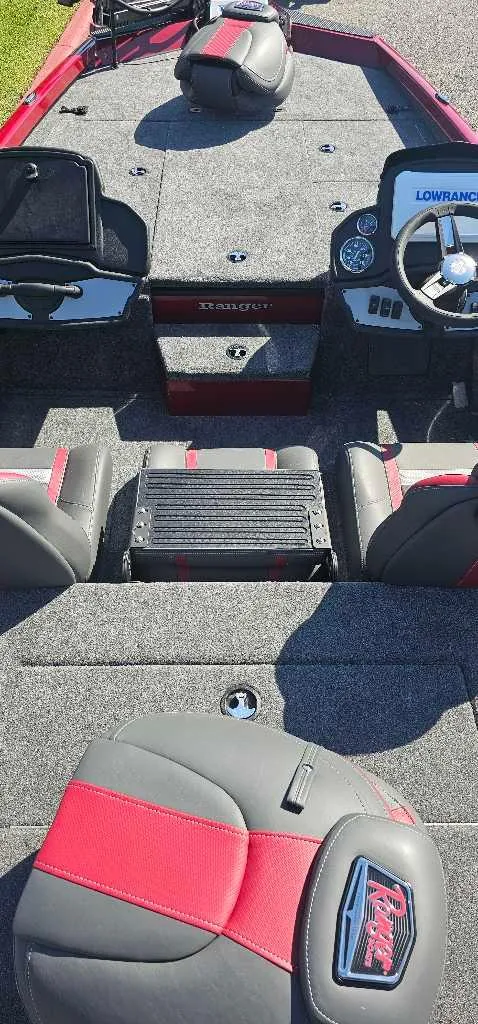 Slide: The Image of 2024 Ranger RT188P boat interior with steering console and seating. - 3