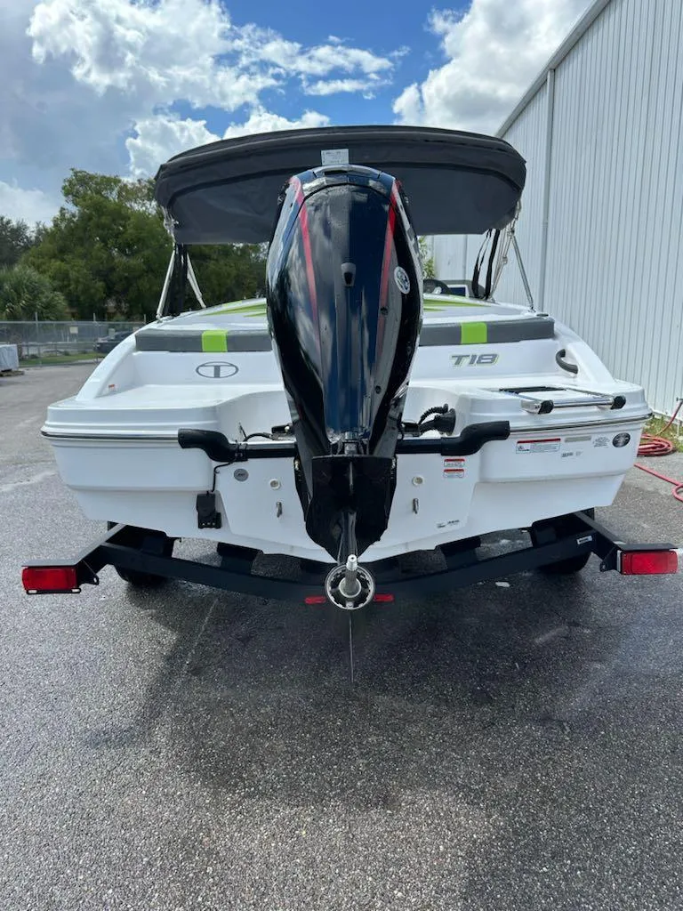 Slide: The Image of 2024 Tahoe T18 boat rear view with outboard motor on trailer. - 2