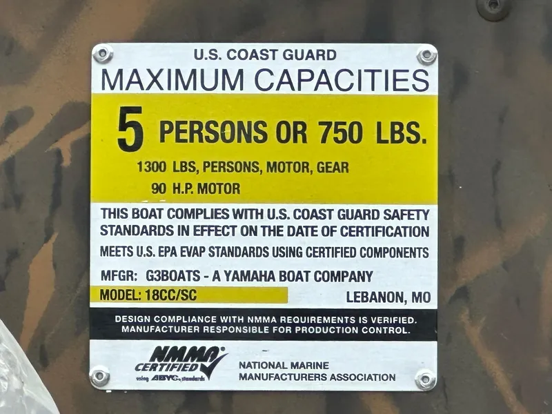 Slide: The Image of U.S. Coast Guard capacity plate for G3 Gator Tough 18 CC, 2025 model, 5 persons or 750 lbs. - 17