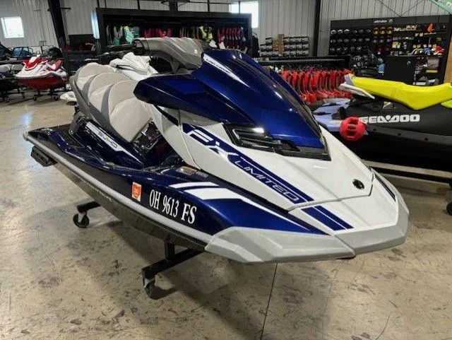 Slide: The Image of 2017 Yamaha WaveRunner FX Limited SVHO in showroom, blue and white design. - 3