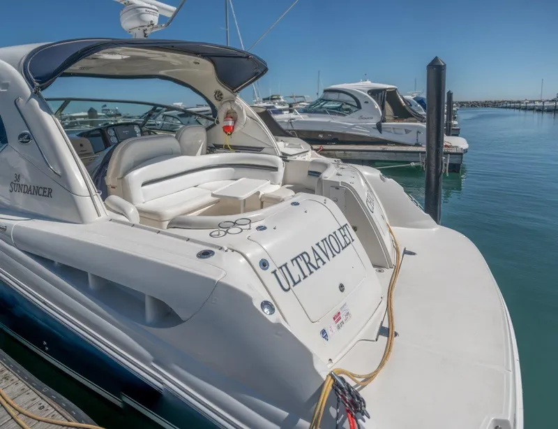 Slide: The Image of 2008 Sea Ray 380 Sundancer yacht docked in marina, sunny day. - 14