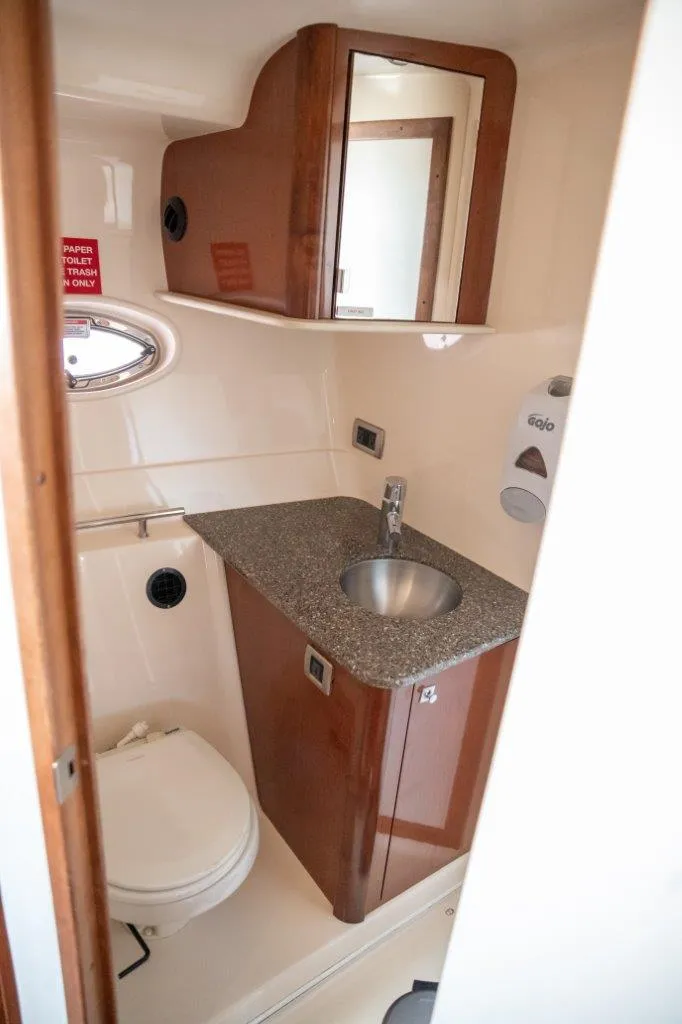 Slide: The Image of 2008 Sea Ray 380 Sundancer bathroom with sink, mirror, and toilet. - 17