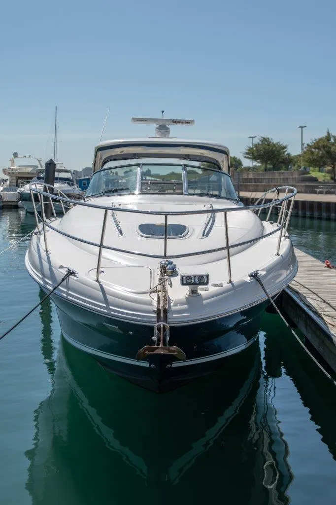 Slide: The Image of 2008 Sea Ray 380 Sundancer yacht docked in marina. - 3