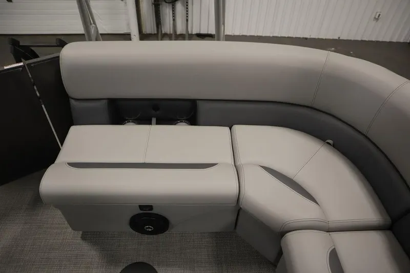 Slide: The Image of 2025 Bentley Pontoons 243 Cruise XL Tri-Toon interior seating, featuring luxurious gray upholstery. - 39