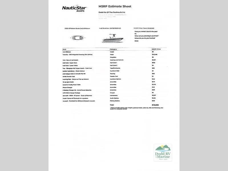 Slide: The Image of MSRP estimate sheet for Offshore 242OS boat, 2025 model, with pricing details. - 31