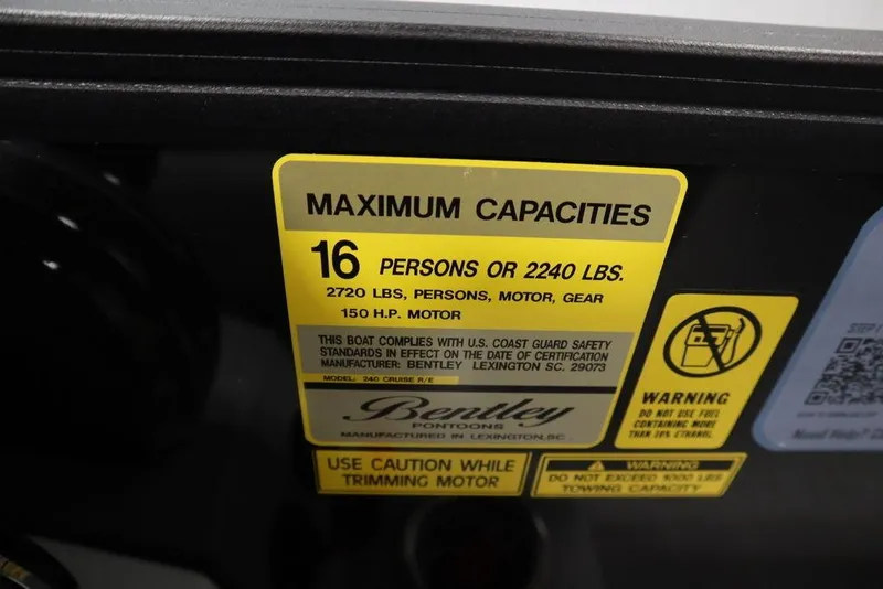 Slide: The Image of 2025 Bentley Pontoons 240 CRUISE capacity label: 16 persons, 2240 lbs, 150 HP motor. - 26