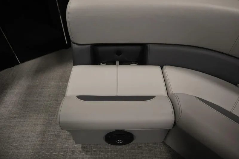 Slide: The Image of 2025 Bentley Pontoons 240 CRUISE interior seating, featuring sleek gray upholstery and modern design. - 34