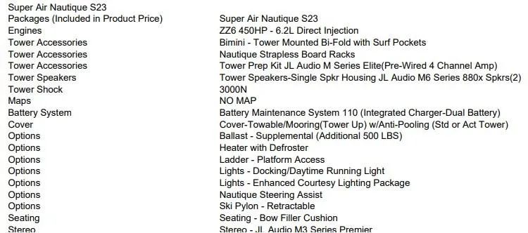 Slide: The Image of 2025 Nautique Super Air Nautique S23 features and options list, including engine and accessories. - 13