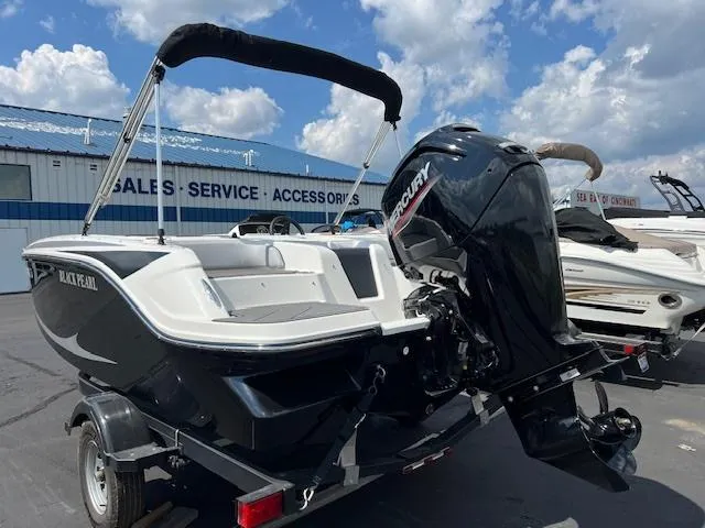 Slide: The Image of 2022 Bayliner Element M17 boat with Mercury engine, parked at dealership under blue sky. - 3
