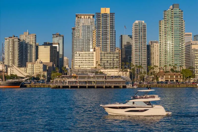 Slide: The Image of Luxurious interior of 2025 Prestige F4.9 yacht with elegant seating and modern design. - 32