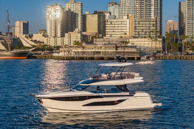 Slide: The Image of Luxurious interior of 2025 Prestige F4.9 yacht with elegant seating and modern design. - 33