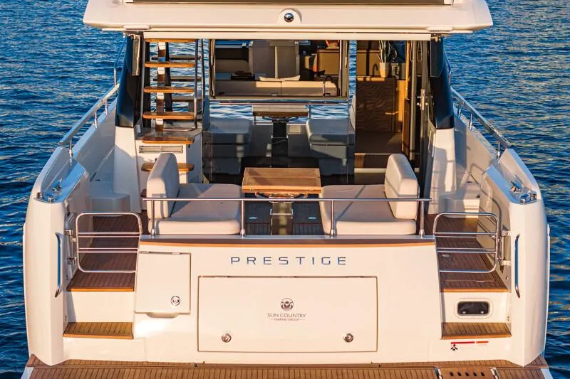 Slide: The Image of Luxurious bedroom interior of 2025 Prestige F4.9 yacht with modern design and cozy bedding. - 38