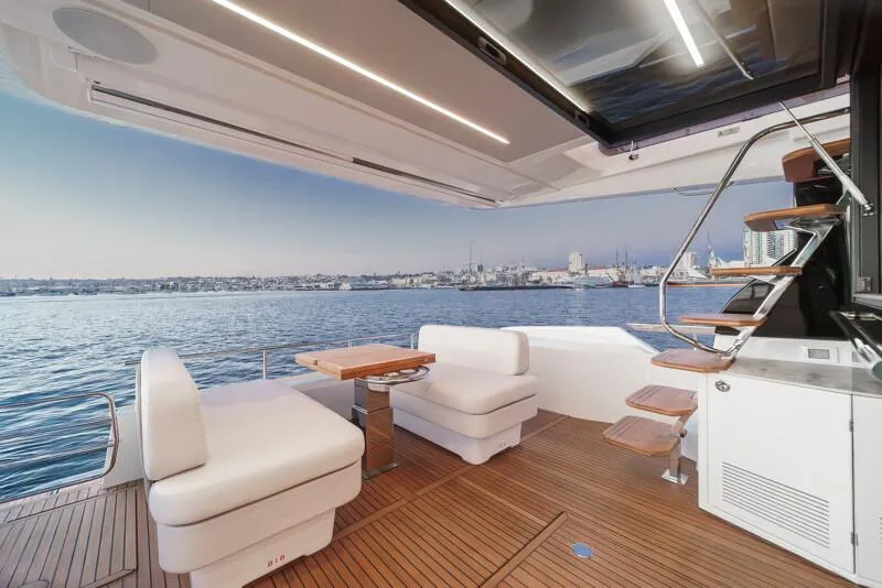 Slide: The Image of Luxurious interior of 2025 Prestige F4.9 yacht with modern design and ambient lighting. - 44