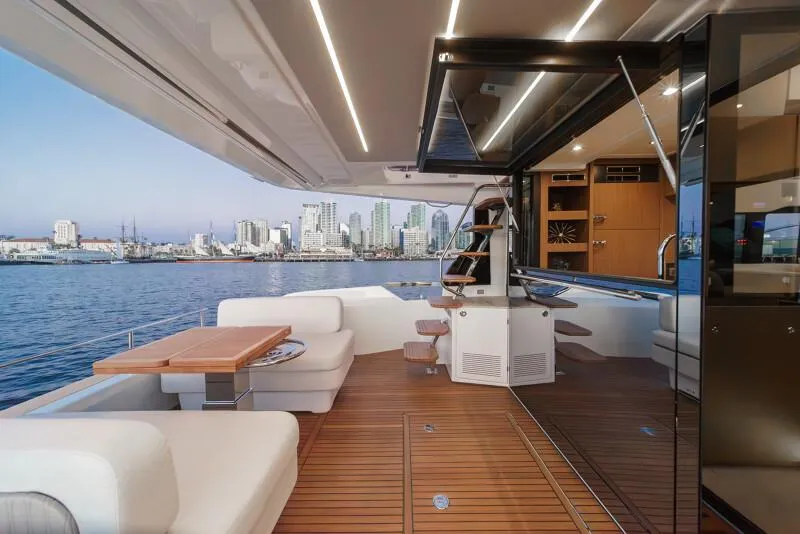 Slide: The Image of Luxurious bedroom interior of 2025 Prestige F4.9 yacht with modern design and ambient lighting. - 45