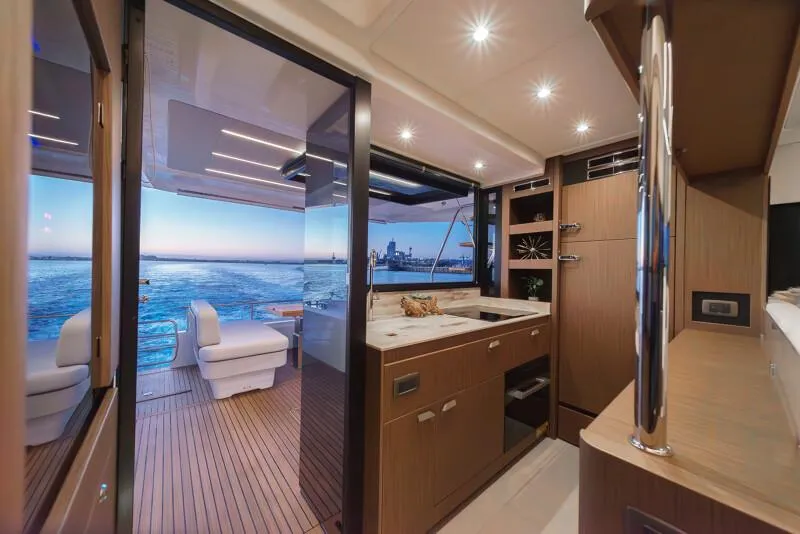 Slide: The Image of Luxurious bathroom interior of 2025 Prestige F4.9 yacht, featuring modern fixtures and elegant design. - 49
