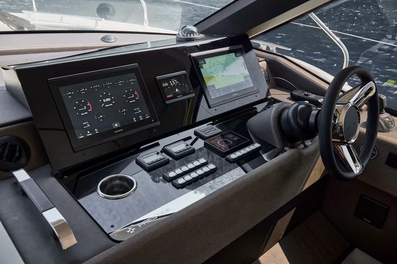 Slide: The Image of Luxurious 2025 Prestige F4.9 yacht deck with elegant seating and scenic waterfront view. - 6