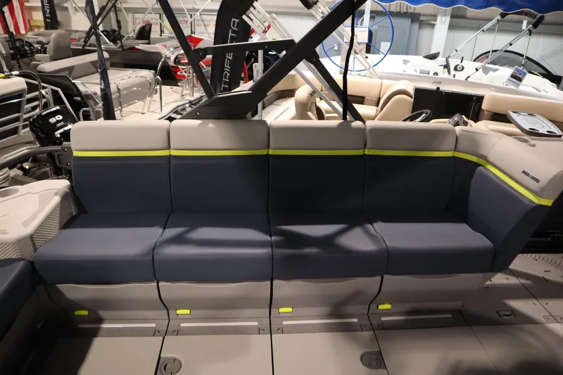 Slide: The Image of 2025 Sea-Doo Switch Cruise Limited 21 interior seating with modern design and comfortable upholstery. - 23