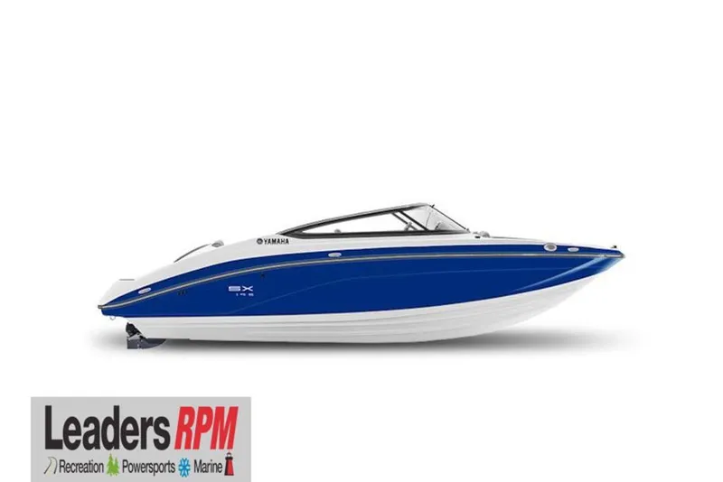 Slide: The Image of 2025 Yamaha Boats SX195, sleek blue and white design, side view. - 45